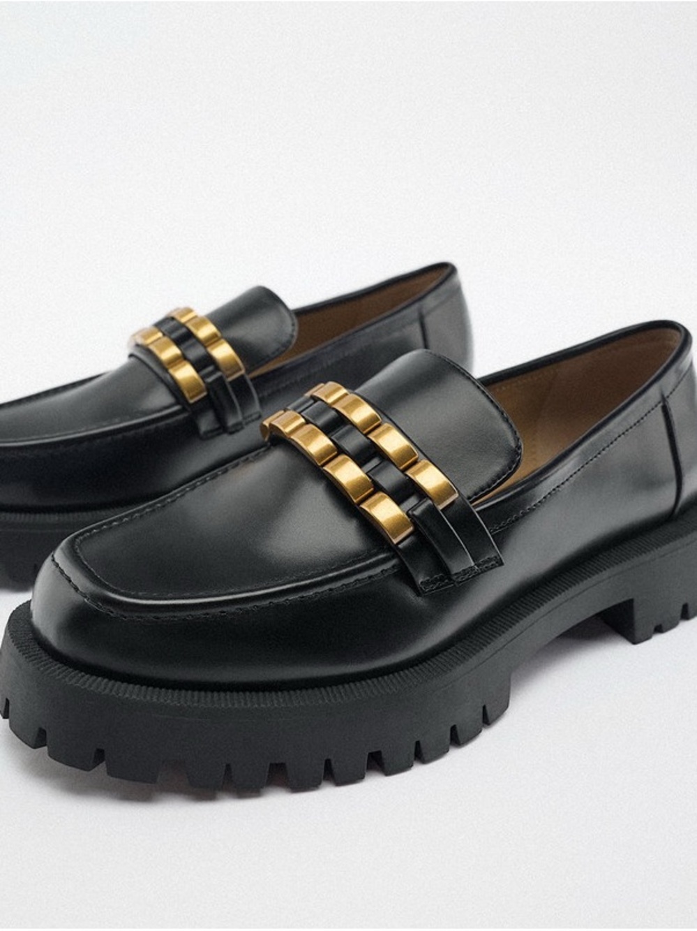 Black Leather Lug Sole Loafers with Gold Accent